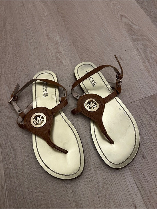 Michael Kors Shoes - Michael Kors Brown and Gold Leather Logo Thong Sandals